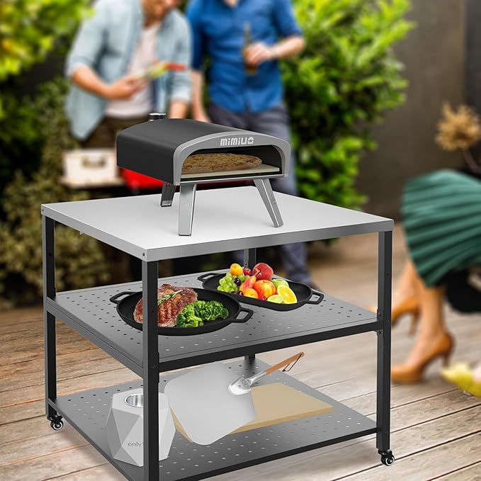 Mimiuo Grill Cart Pizza Oven Stand for Most Pizza Oven 31.5 x 31.5 x 33 inch, Large Stainless Steel Modular Table for Indoor Outdoor, Movable Food Prep Dining Trolley for Kitchen Patio Backyard