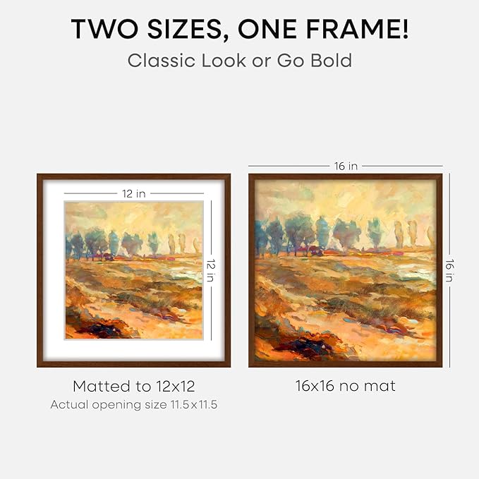 Homeforia 16x16 Brown Picture Frame, High End Dark Oak 16 x 16 Square Wood Frame with Mat 12 x 12 for Photo, 16by16 Wooden Walnut Poster Frame Matted to 12x12 Print, Tempered Glass, Wall Kit, Set of 2