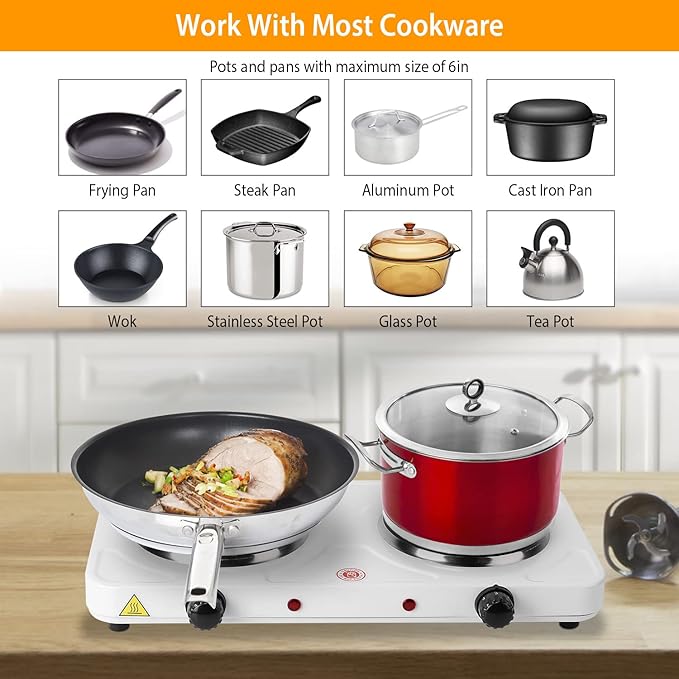 2000W Double Burner Electric, Portable Hot Plate for Cooking, Cooking Stove with 5 Temperature Adjustments, Countertop Burner Cooktop for Kitchen, Dorm (White, 17x8x3")