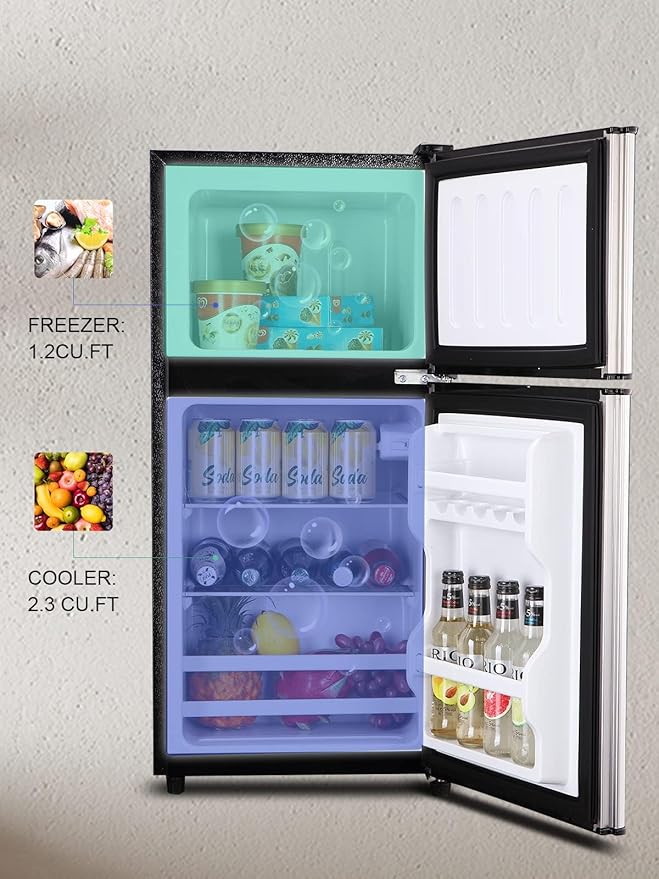 Mini Fridge, 3.5 Cu.Ft Compact Refrigerator Small Refrigerator 7 Level Adjustable Thermostat Removable Shelves with Stainless Steel 2 door for Office Dorm Apartment Silver