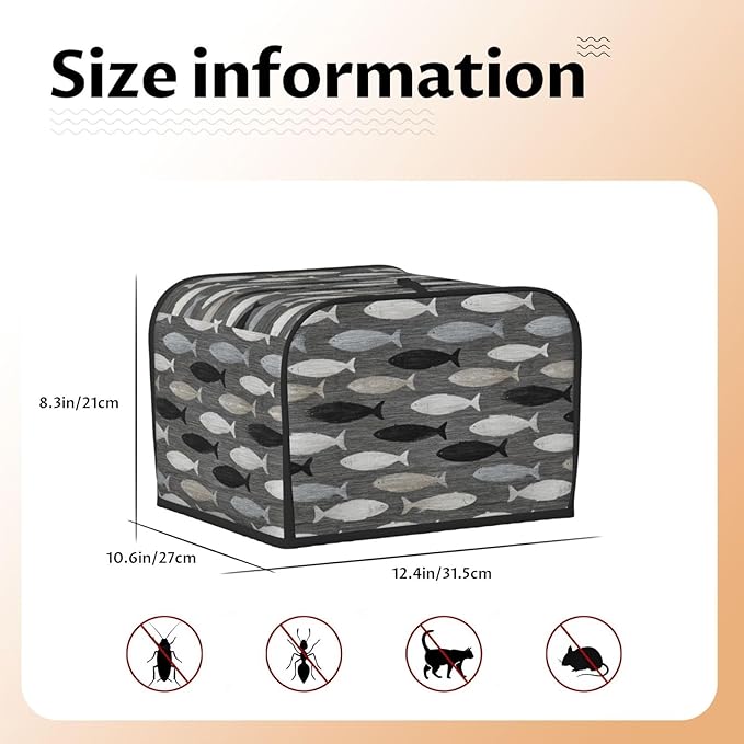 4 Slice Toaster Cover for Kitchen Gray Fish Pattern Waterproof and Dustproof Oxford Fabric Toaster Dust Cover with Side Pockets Decorative Universal Cover for Wide Slot Toasters and Small Appliances
