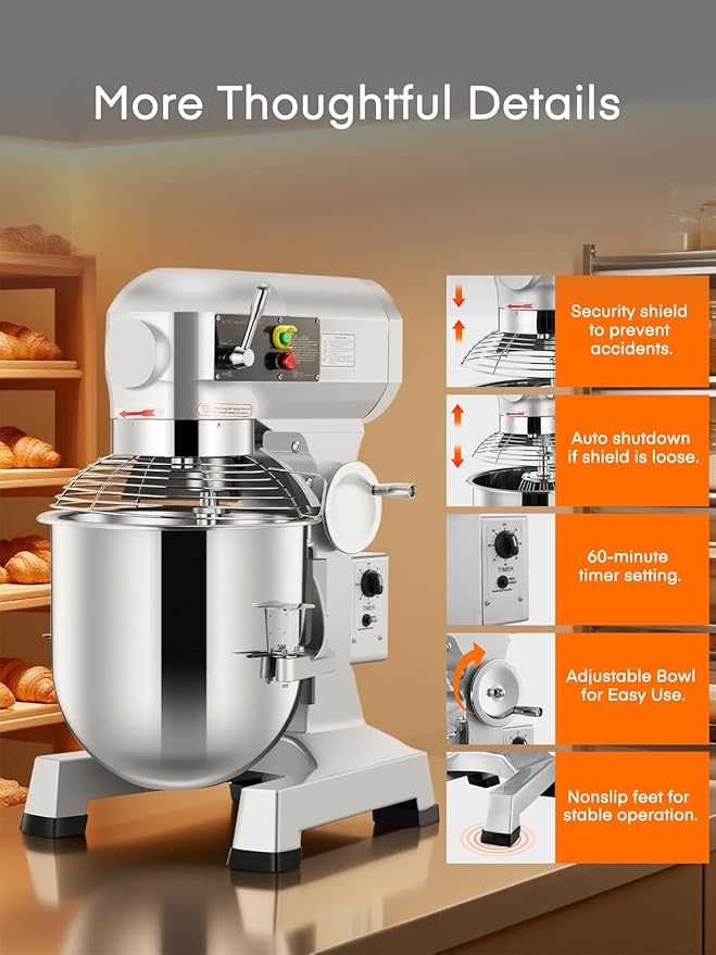 Commercial Mixer, 15/30QT Commercial Food Mixer, Dough Mixer with Stainless Steel Bowl, 3 Speeds Adjustable and Safety Guard, Dough Hook Whisk Beater Included, Ideal for Bakery Pizzeria (30QT)