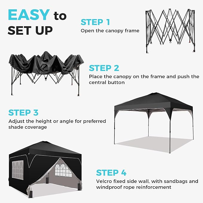 Saemoza 12x12 Pop Up Canopy Tent with One Push Setup, Outdoor Sun Shade Canopy with Vent Top for Backyard Party, Easy Up Instant Shelter with 4-Sandbags & Wheel Bag, Black.