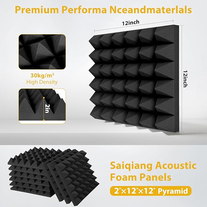 12 Pack Soundproof Wall Panels, Saiqiang Acoustic Foam 2" x 12"x 12" Sound Panels Acoustic Panels Sound Absorbing Black Sound Proof Panels for Walls Pyramid Soundproofing Studio Foam