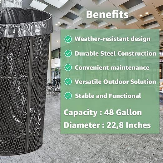 48 Gallon Mesh Recycle Container, Steel Outdoor Heavy-Duty Commercial Trash Can, Black Round Waste Bin, Durable Garbage Can for Municipalities, Schools, Parks, Parking