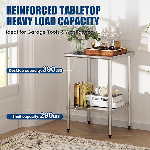 Stainless Steel Work Table 24 x 24 Inch with Adjustable Undershelf, Heavy-Duty Metal Prep Table for Commercial Kitchen & Restaurant, Garage, Outdoor