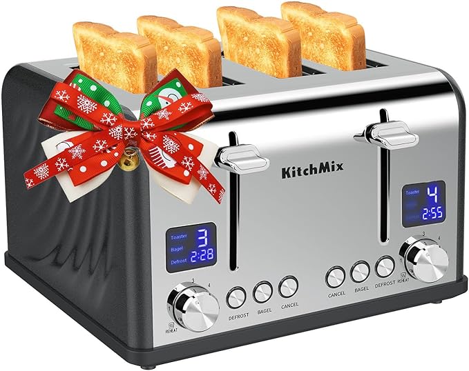 Toaster 4 Slice, Bagel Stainless Toaster with LCD Timer, Extra Wide Slots, Dual Screen, Removal Crumb Tray (Gray)