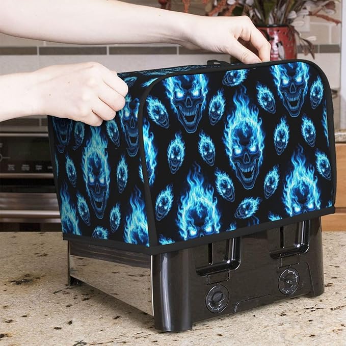 Polyester 2 Slice Toaster Dust Cover, Blue Fire Flame Skulls Fingerprint Protector with Pocket, Washable Kitchen Small Appliance Cover