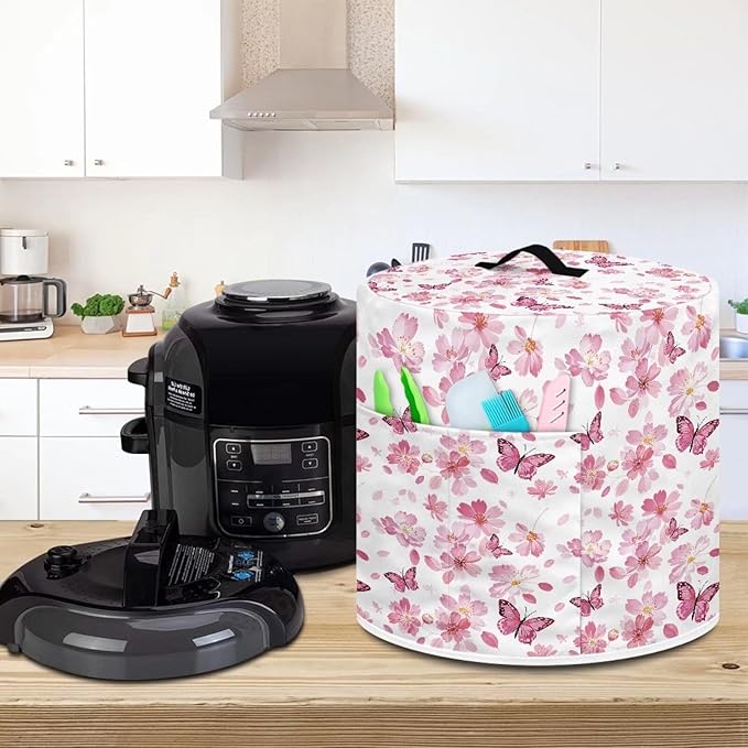 Peach Blossom Butterfly Print Rice Cooker Protective Cover Lightweight Pressure Cooker Cover with Handle & Pocket, Washable Round Air Fryer Cover Home Kitchen Décor