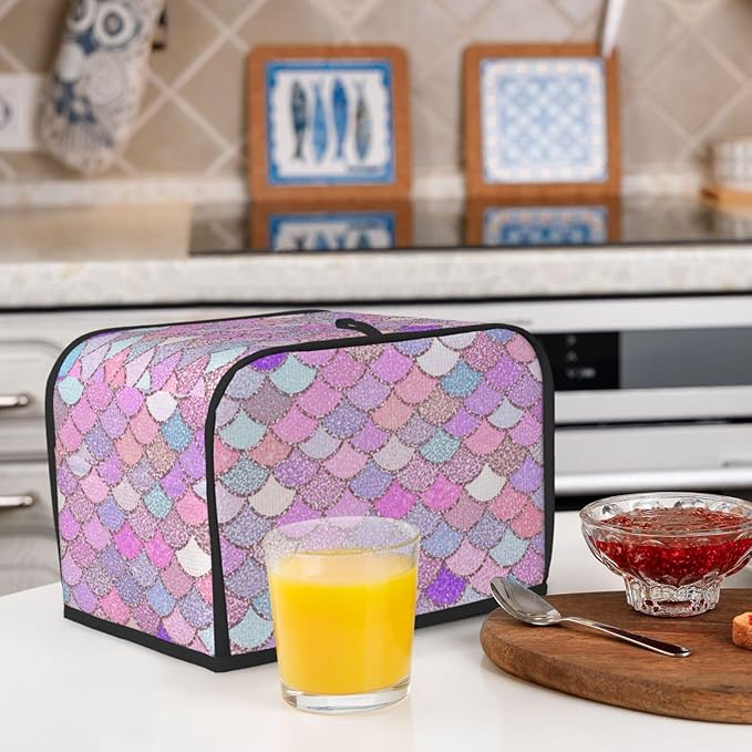 2 Slice Pink Mermaid Fish Scales Toaster Cover, Dust Proof & Fingerprint Protection with Pocket, Portable Kitchen Accessories