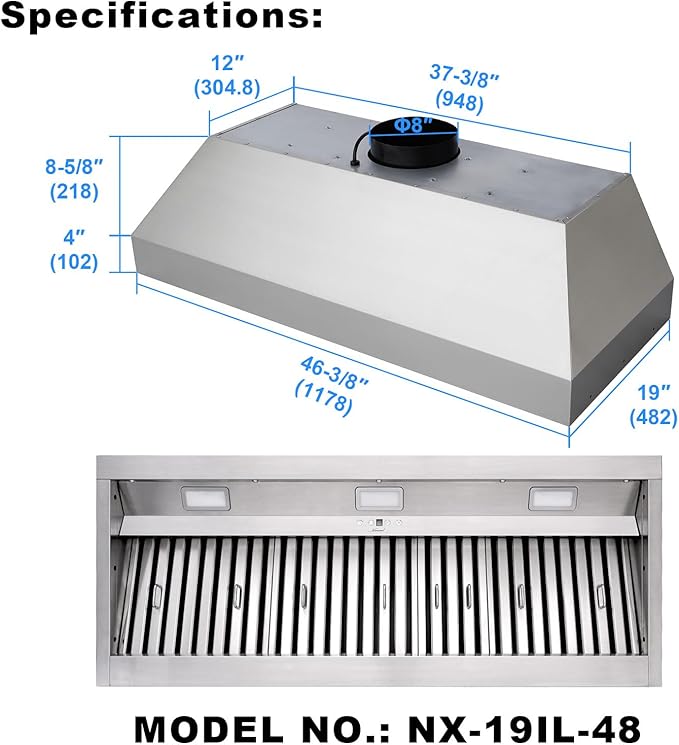 Range hood, 48 Inch Range Hood Insert with 1200 CFM Powerful Suction, Ultra Quiet Ducted Stainless Steel Kitchen Stove Vent Hood with Dimmable LED Lights, Timer, 4-Speed Touch Control