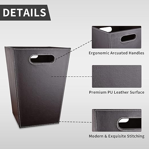 GORESE Leather Trash Can Bathroom Wastebasket, 16L/4.2 Gallon Office Garbage Can with Handles for Near Desk, Square Bedroom Waste Basket Bin for Home Dorm Decorative Brown