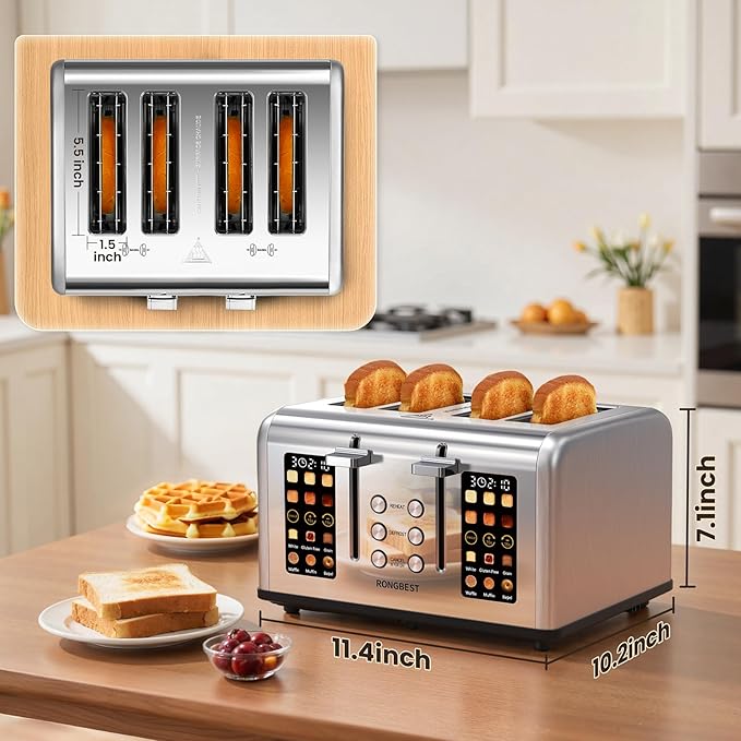 4 Slice Touch Screen Toaster, Easy-to-Use Digital Stainless Steel Toaster with Wide Slots, Reheat Defrost Cancel, Removable Crumb Tray, Silver