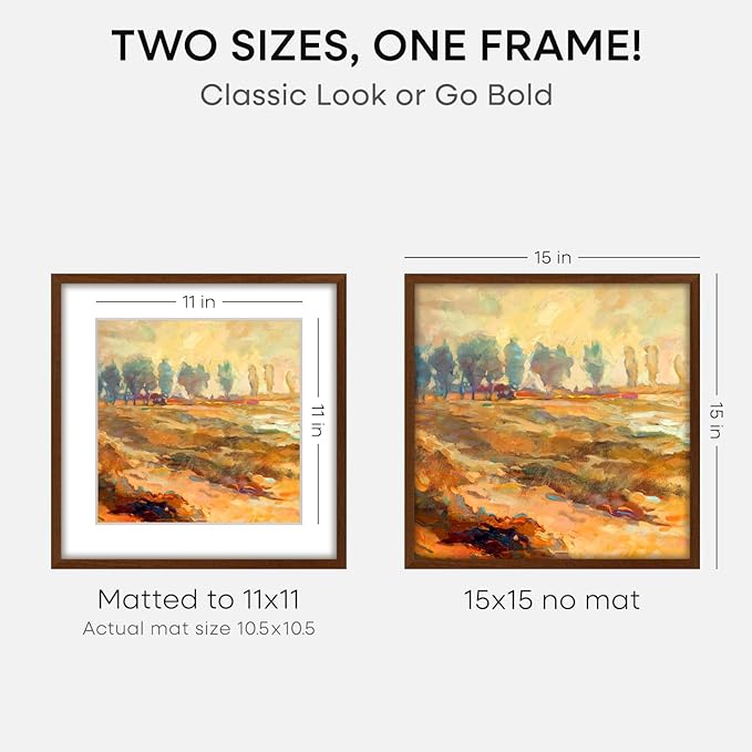 Homeforia 15x15 Picture Frame Brown, High End Dark Oak 15 x 15 Square Wood Frame with Mat 11 x 11 for Photo, 15by15 Wooden Walnut Poster Frame Matted to 11x11 Print, Tempered Glass, Wall Kit, Set of 3