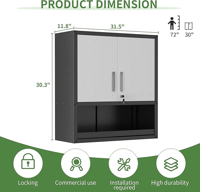 Metal Tool Cabinet,Garage Storage Cabinet System,Wall Cabinet & Locking Rolling Tool Cabinet with Doors and Adjustable Shelves,Steel Tool Cabinets for Home (2 Pcs-StyleA, Black & Grey)