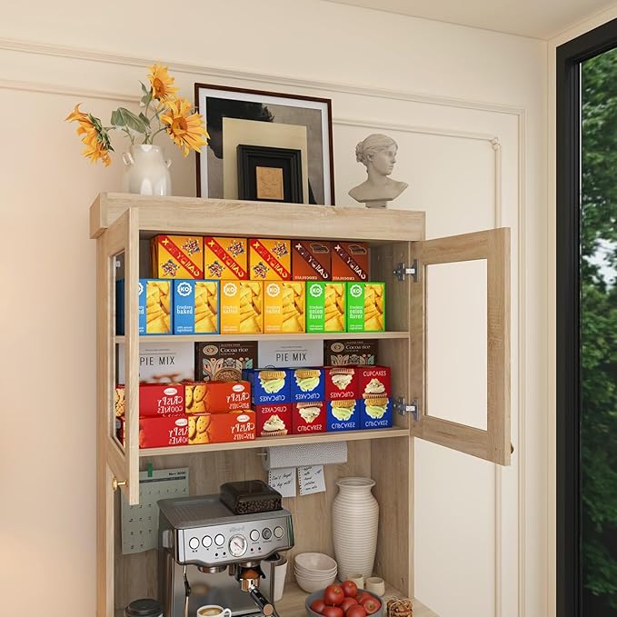 71" Tall Farmhouse Kitchen Pantry, Large Storage Cabinet with Glass Doors, Freestanding Coffee Bar Hutch with Microwave Stand, Adjustable Shelves for Kitchen, Living Room, Brown 4 Pcs