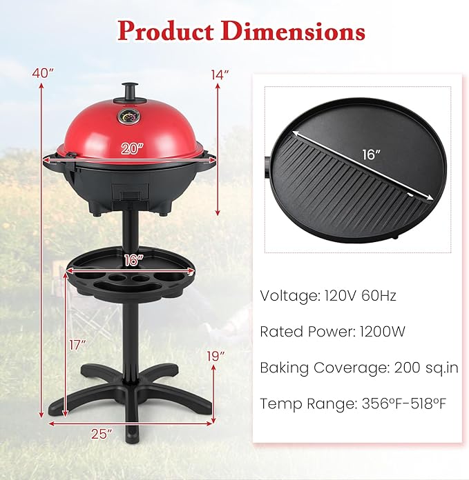Giantex Electric Grill Outdoor, 1200W Electric BBQ Grills Outdoor Cooking with Lid & Thermometer, Nonstick Griddle, Drip Tray, 2-in-1 Freestanding & Tabletop Grill for Apartments Backyard Party, Red