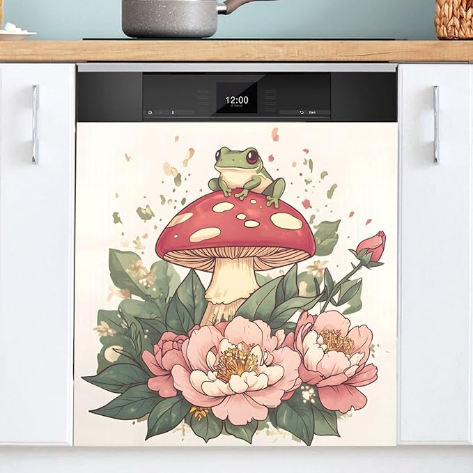 Dishwasher Magnet Cover, Mushroom Frog Flower Magnet Sticker Fridge Panel Decal for Home Kitchen Decor, 23x26in