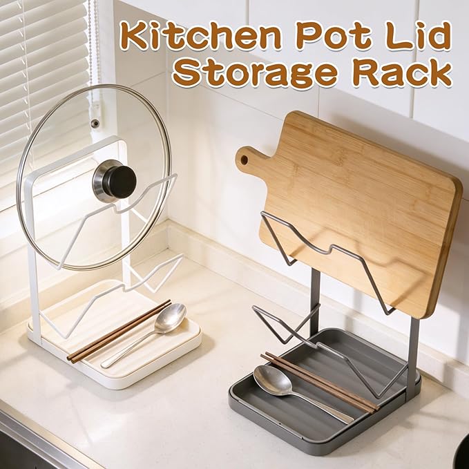 Kitchen Pot Lid Storage Rack, Pot Lid Holder With Tray, Multifunctional Double-layer Kitchen Organizer Stand, Lid And Spoon Rest While Cooking for Stove Top (Begie)