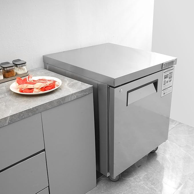 VEVOR 28" W Commercial Refrigerator, Undercounter Worktop Refrigerator, 7.4 Cu. Ft Thick Stainless Steel Refrigerated Food Prep Station Fan Cooling Single Door Worktop Fridge with lock for Bar