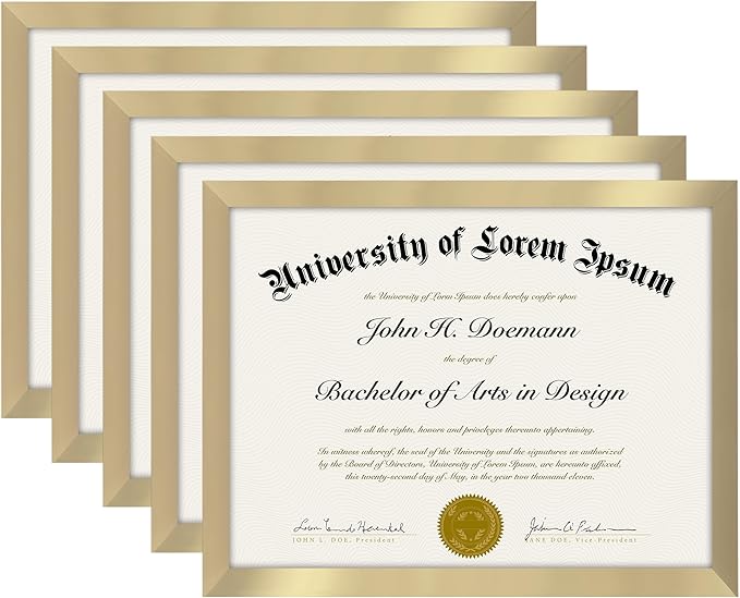 Americanflat 8.5x11 Diploma Frame with Polished Plexiglass - Set of 5 - Legacy Collection - Certificate Frame for Tabletop and Wall Display - Gold