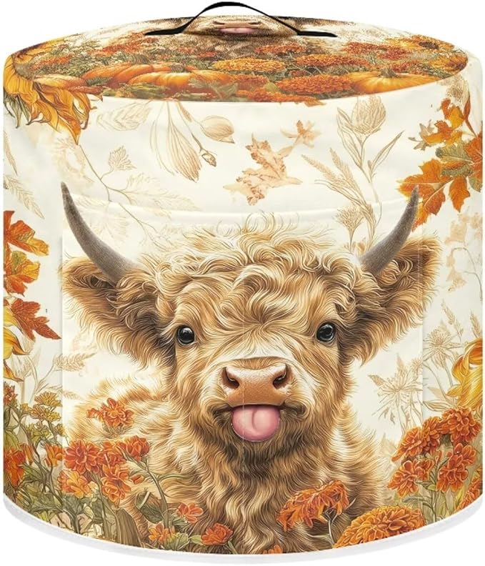 NEITLGEN Maple Leaf Highland Cow Kitchen Appliance Dust Cover Universal Size 3 Quart Pressure Cooker/Air Fryer/Rice Cooker Cover with Top Handle and Storage Pocket Thanksgiving Day Decor