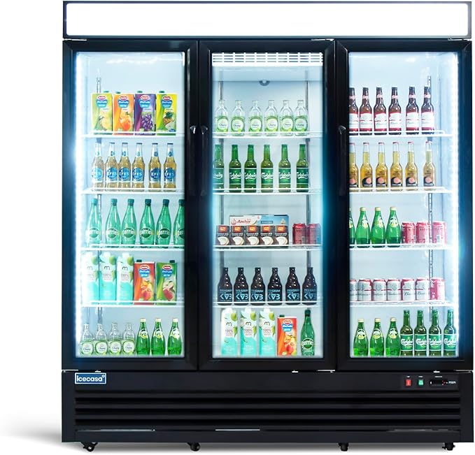 ICECASA 72" W Merchandiser Commercial Display Refrigerator Three Glass Door Reach-in 54 Cu.ft Display Refrigerator Fan Cooling for Restuarant, Bar, Shop, etc