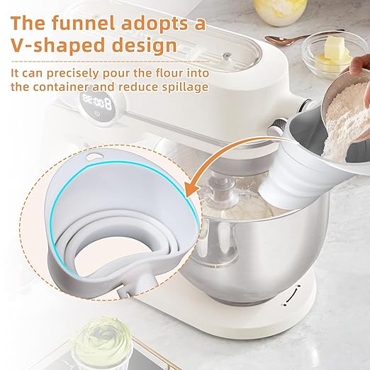 Flour Funnel for Kitchen Aid Mixer, Easy Pour No-Mess Attachment, Food-Grade Silicone Funnel, Stand Mixer Attachment for Tilt-Head Stand Mixer 4.5 & 5 Quart (KSM150), Anti-Splash Accessory (Blue)