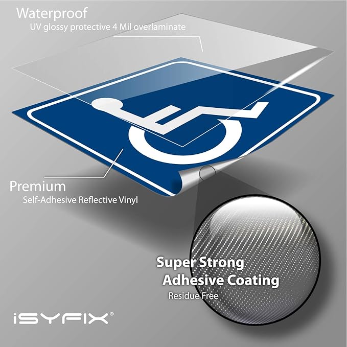 iSYFIX Handicap Signs Stickers Decal Symbol - 4 Pack Reflective Silver 6x6 Inch - Premium Self-Adhesive Vinyl, Decal, Laminated for Ultimate UV, Weather, Scratch and Fade Resistance, Indoor & Outdoor