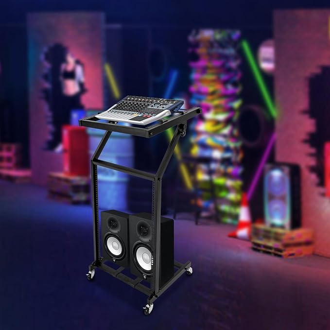 9U/12U/16U DJ Mixer Stand Adjustable Rack, Rack Mount Mixer Case Stand Studio Equipment Cart Stage Amp DJ Rolling (16U)