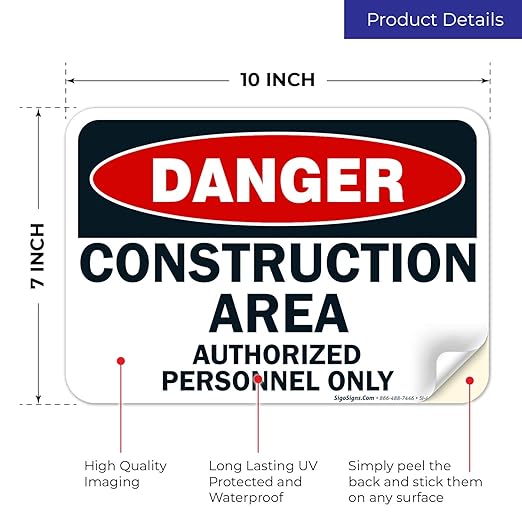 Danger Construction Area Sign, Authorized Personnel Only Sign, 10x7 Inches, 4 Mil Vinyl Decal Stickers Weather Resistant, Made in USA