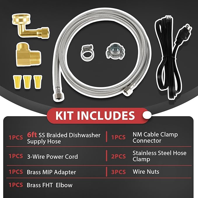 EFIELD Dishwasher Installation Kit, 6 FT Stainless Steel Supply Hose, 3/8" X 3/8" Compression Adapter, 3-Wire 6” Power Cord with Tap(HOSE149)