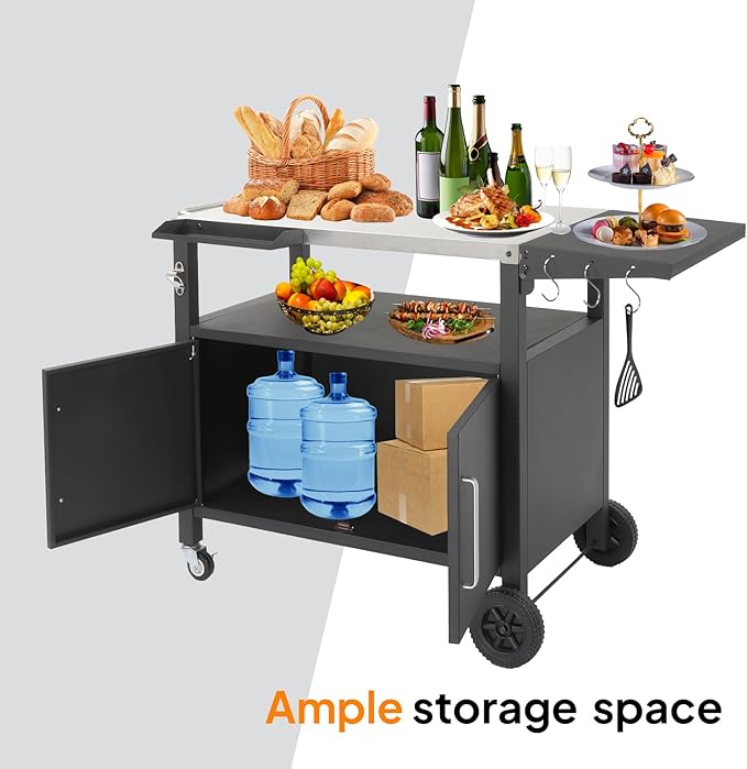 ROVSUN Gourmet Grill Cart with Storage, Movable Grill Table with Wheels, Hooks and Spice Rack, Stainless Steel Top & Storage Cabinet, Pizza Oven Cart for Camping, Tailgating, and Outdoor Cooking