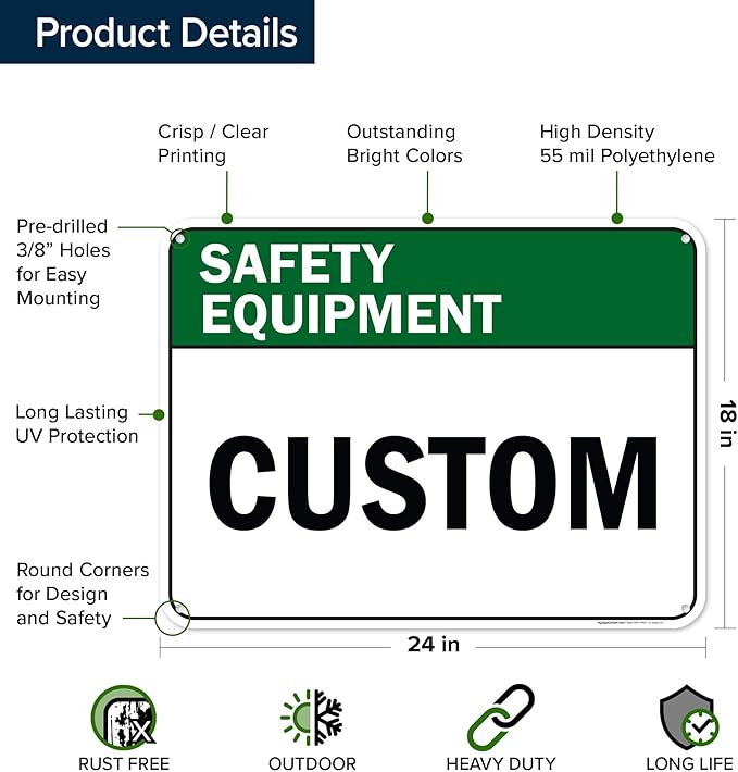 Custom Safety Equipment Sign, Ansi Sign, Osha Compliant, 18x24 Inches, 55 mil thick HDPE (high density polyethylene), Made in USA by My Sign Center