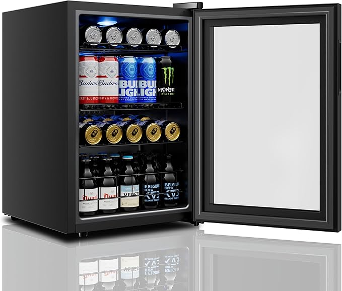 Yeego Beverage Refrigerator Cooler, 85 Cans Drink Mini Fridge with Glass Door for Soda, Beer or Wine, Beverage Cooler with Digital Temperature Control from 34°F to 54°F for Home, Office or Bar (Black)