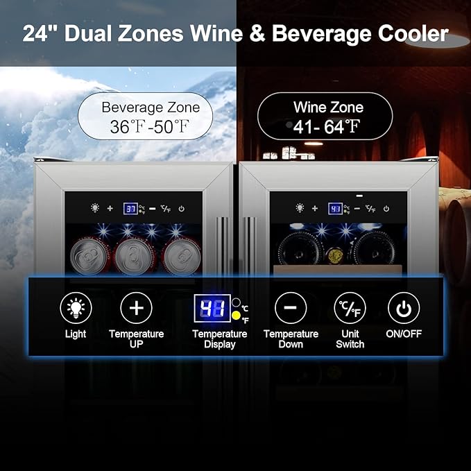 Tylza Wine and Beverage Refrigerator, 24 Inch Dual Zone Wine Fridge, Holds 18 Bottles and 88 Cans, French Doors, Lock, Under-counter or Freestanding Wine Cooler, Beverage Fridge with Tempered Glass