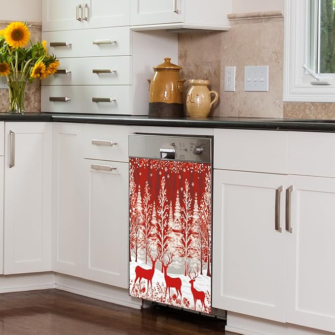 Christmas Forest Elk Dishwasher Magnet Cover, 23" W x 26" H Fridge Magnetic Stickers Reuseable Magnet Panel Decal Cover for Washing Machine Fridge Microwave Cabinet Kitchen Christmas Decoration