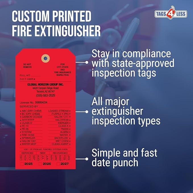 Tags 4 Less Custom Fire Extinguisher Tags – Preventative Maintenance Labels for Monthly Inspections, Alternative to Safety Sticker for Easy Record-Keeping – Pack of 100 (Red, Cardboard)