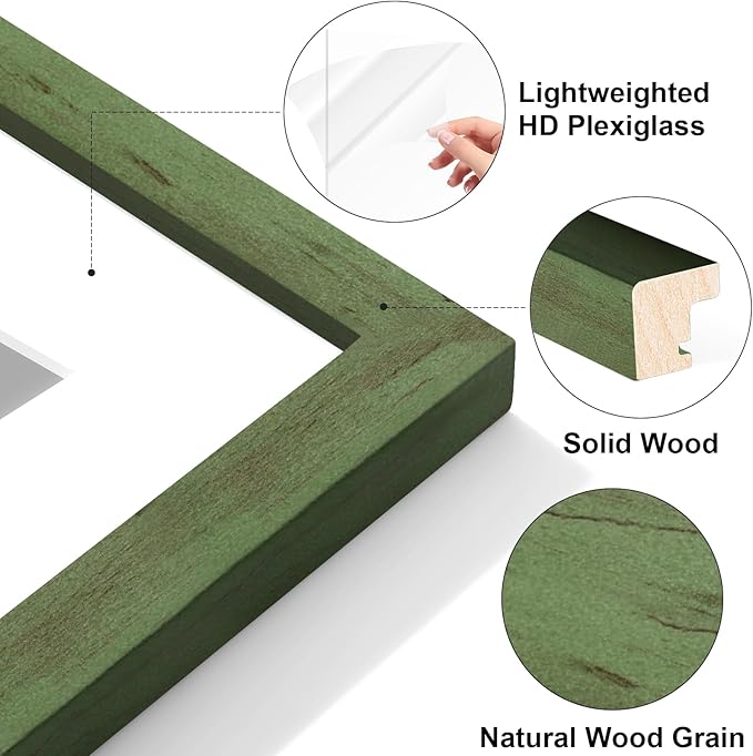 Vittanly 8x10 Picture Frame Set of 2, Solid Wood Frame for Wall or Tabletop, Display Photo 5x7 with Mat or 8x10 without Mat, Rustic Green