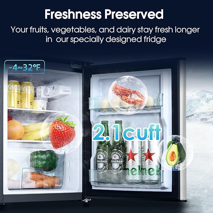 3.2 Cu.Ft Fridge with Freezer with 2 Doors, Refrigerator with 7 Level Temperatures, LED Light, Adjustable Shelves, Food Storage Cooling Drink for Bedroom, Office, Dorm, Apartment, Silver