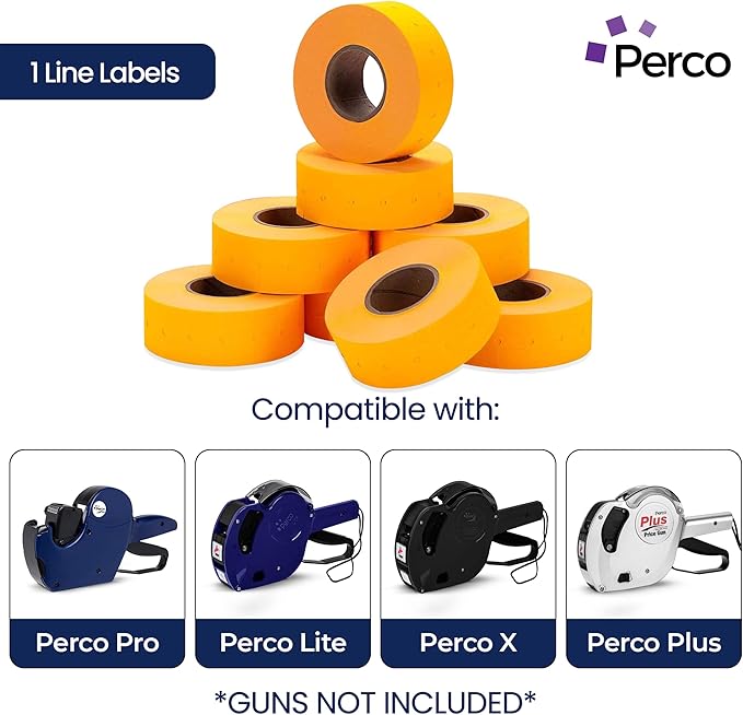 Perco 1 Line Fluorescent Orange Labels - 8 Rolls, 1 Sleeve, 8,000 Blank Price and Date Gun Labels for Perco Lite, X, Plus and Pro 1 Line Price and Date Guns - Made in USA