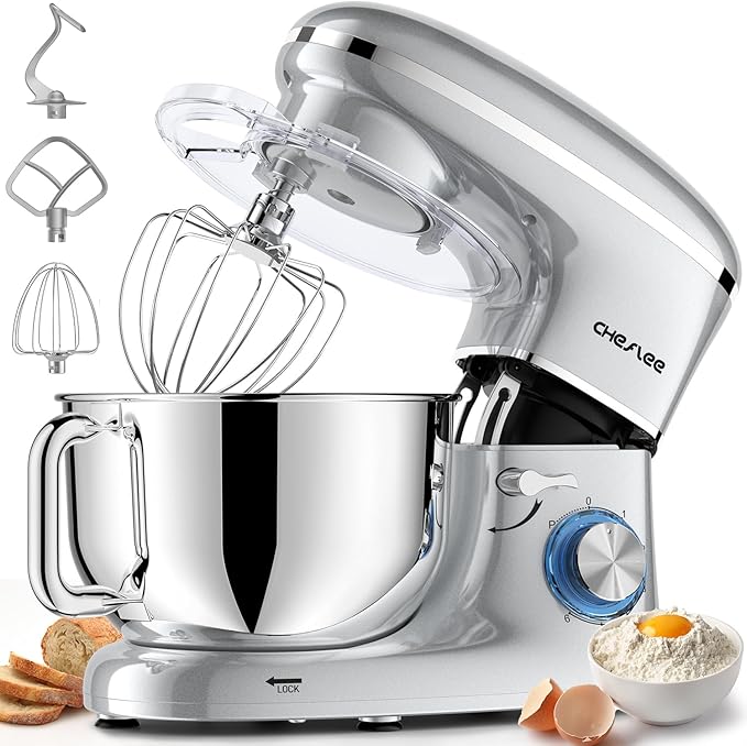 CHeflee Stand Mixer,660W 6+P With 6.5QT Stainless Steel Bowl,Dough Hook, Wire Whip & Beater,for Most Home Cooks (Silver)