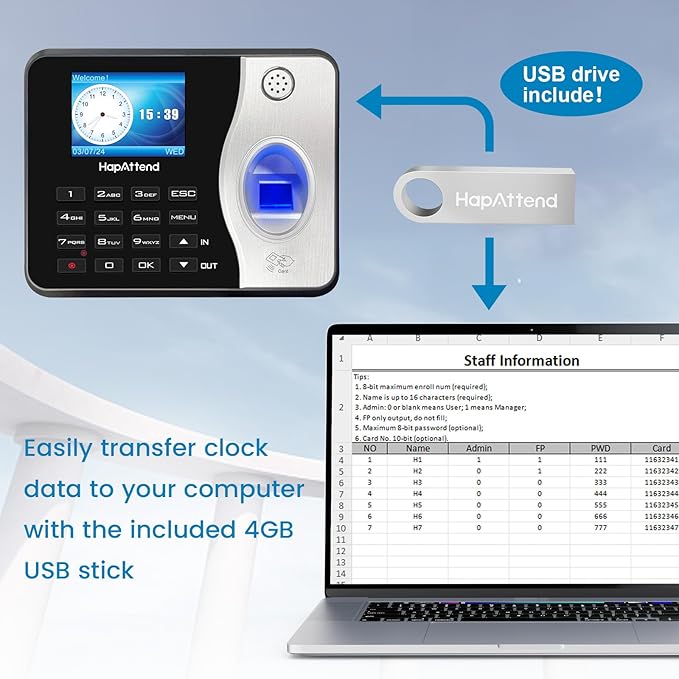 Time Clocks for Employees Small Business Automatic Calculate Hours, 0 Monthly Fees Fingerprint Time Clock, H3 Standalone Biometric Clock in Machine for Employees with 5 RFID Cards (No WiFi)