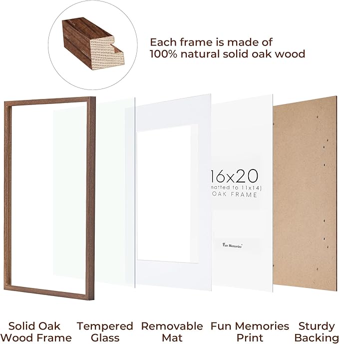 16x20 Picture Frames Set of 3, 16 x 20 Solid Oak Wood Frame for Wall, 16 x 20 Picture Frame with Tempered Glass, 16x20 Frame Matted to 11x14, Rustic Wood 16 by 20 Frames, Walnut Color
