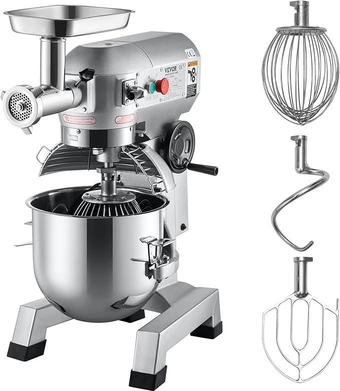 VEVOR Commercial Stand Mixer, 20Qt Stainless Steel Bowl, 1100W 2 in 1 Multifunctional Electric Food Mixer with Meat Grinder & 3 Speeds, Dough Hook Whisk Beater Included, Perfect for Bakery Pizzeria