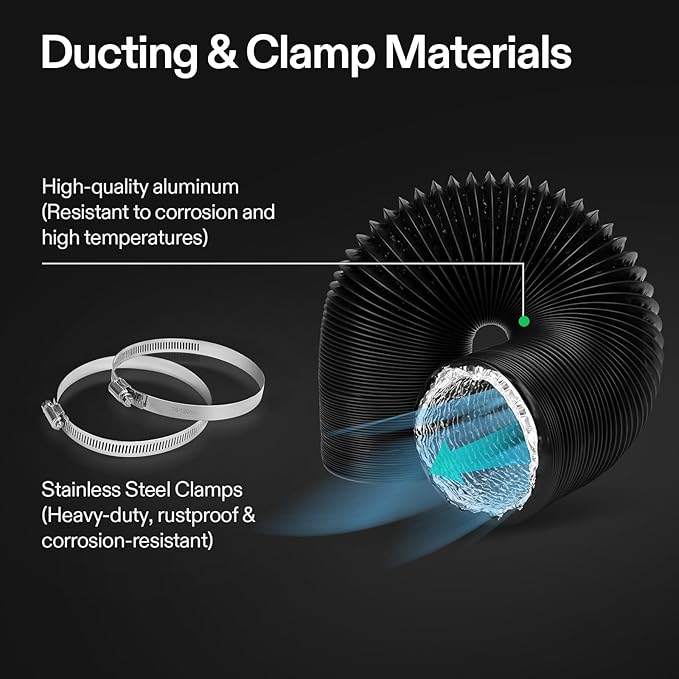VIVOSUN Dryer Vent Hose, 8 inch Aluminum Foil Ducting, 25FT Long Heavy-Duty Dryer Hose Vent Kit for HVAC Ventilation, Exhaust, Duct Fan Systems, Black Flexible Air Duct w/ 2 Clamps