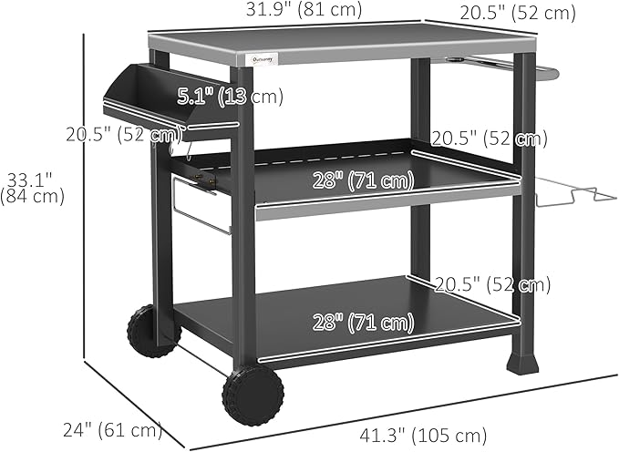 Outsunny Three-Shelf Outdoor Grill Cart with Stainless Steel Tabletop, Side Handle, 32" x 20.5" Multifunctional Pizza Oven Stand, Movable Food Prep Table on Wheels, Black