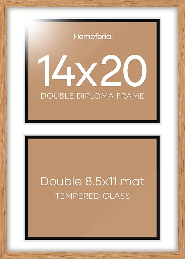 Homeforia 14x20 Double Diploma Frame Wood, High End Natural Oak 14 x 20 Wooden Certificate Frame with Dual Mat for 8.5 by 11 Diplomas, 20x14 Award Graduation Frames, Tempered Glass, Wall Kit, Set of 1