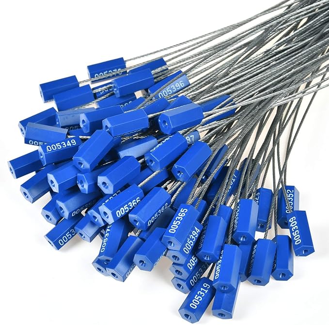 Leadseals(R) 100 Security Cable Seals Numbered Security Tags Tamper Proof Pull Tight Steel Wire Seals for Truck, Trailers, Cargo, Containers, Vans, Oil Tank, Milk Vehicle (Blue, Pack of 100pcs)