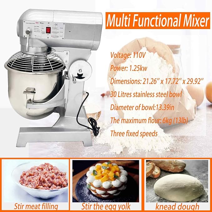 110V Commercial Dough Mixer with 3 Types of Mixing Tools, 30L Stainless Steel Dough Kneading Machine, 1250W Adjustable Speed Bakery Equipment, Safety Lid Lock & Auto Stop Function